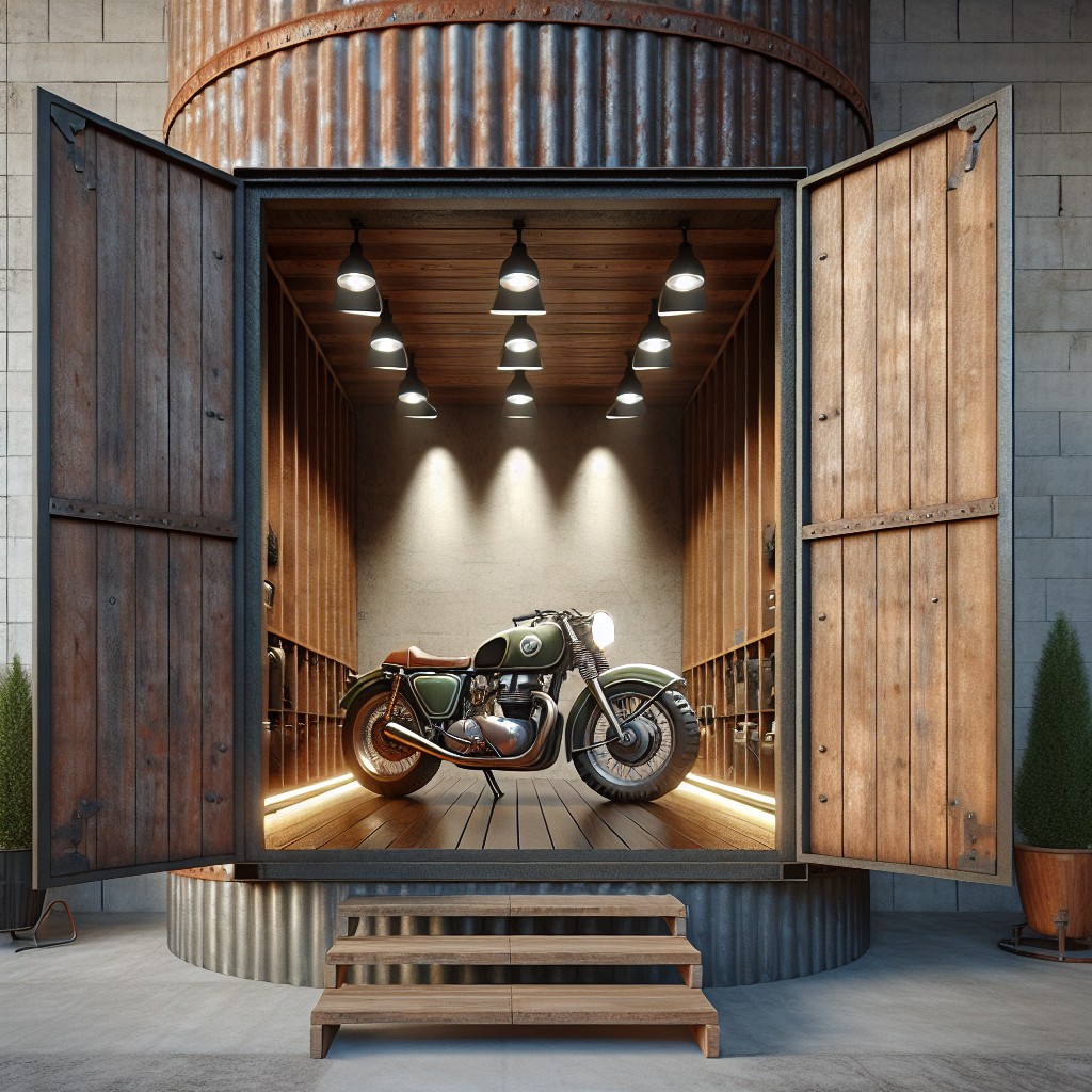 chic motorcycle storage in grain bin