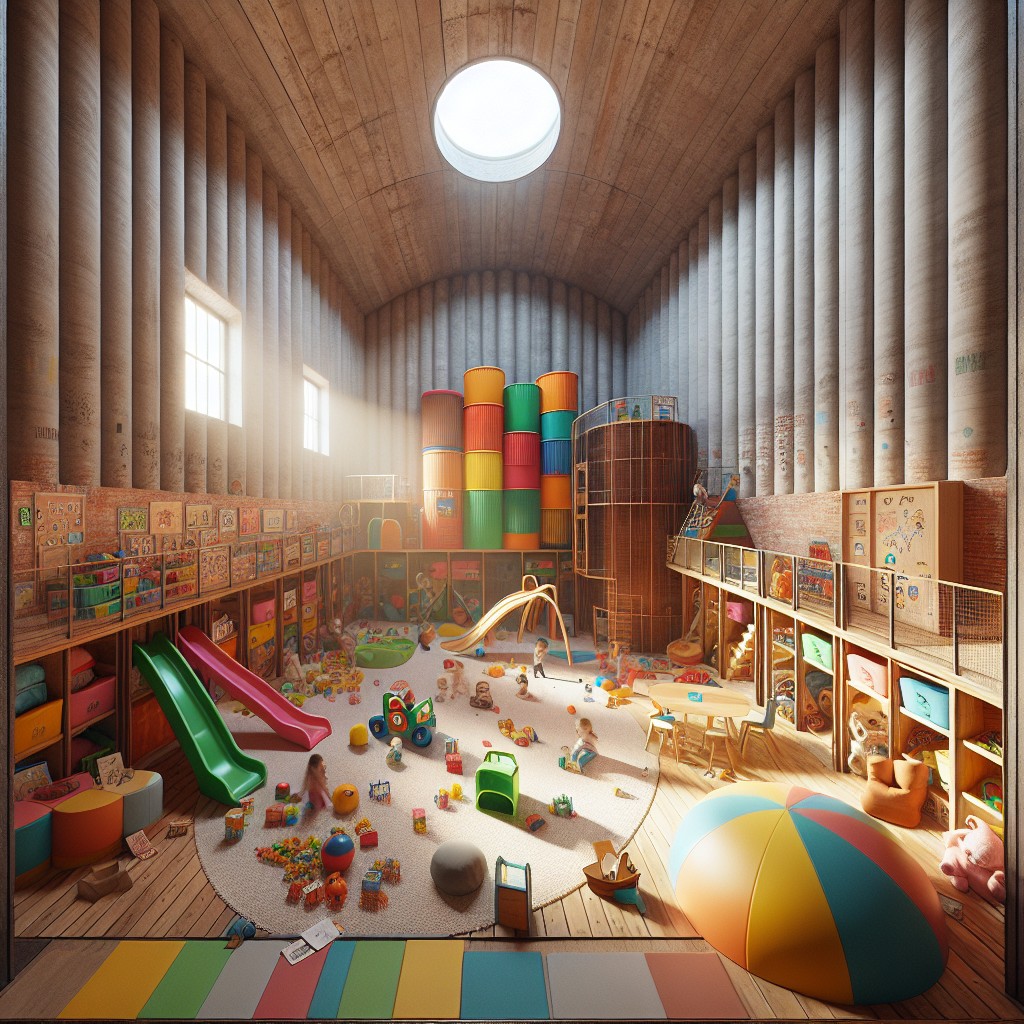 childrens play area within converted grain bin