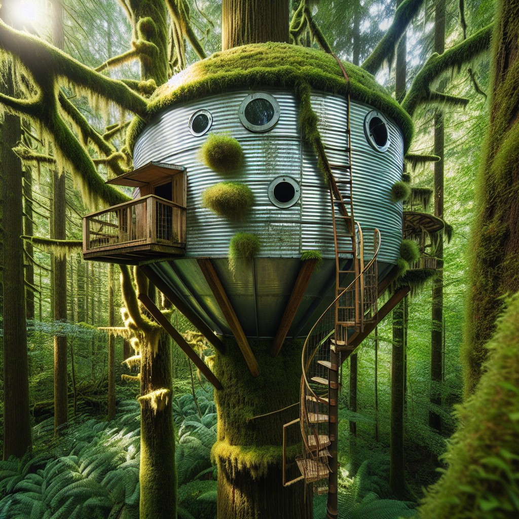 grain bin gazebo adapted into a tree house
