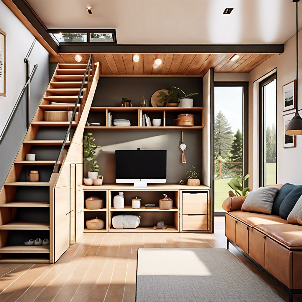 a frame homes with built in storage solutions in stairs or furniture