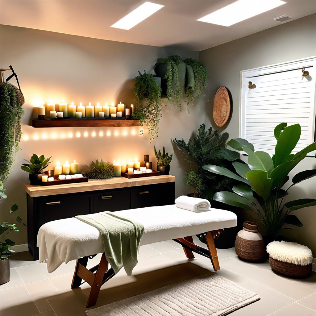convert the space into a private at home spa with massage table and ambiance