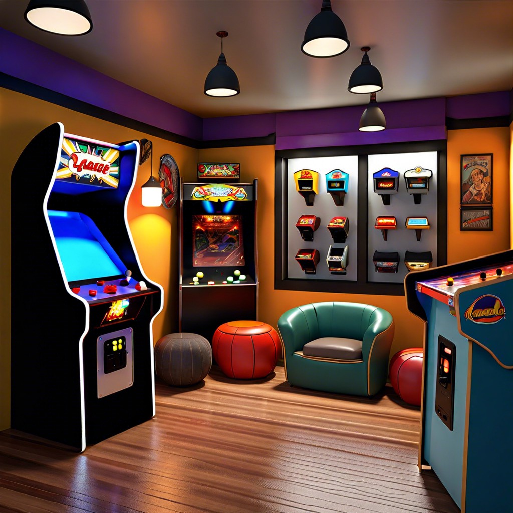 create an arcade room with vintage machines and comfortable lounging area