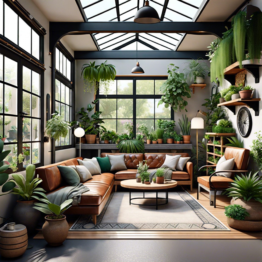 design a botanical indoor garden with a variety of plants and seating