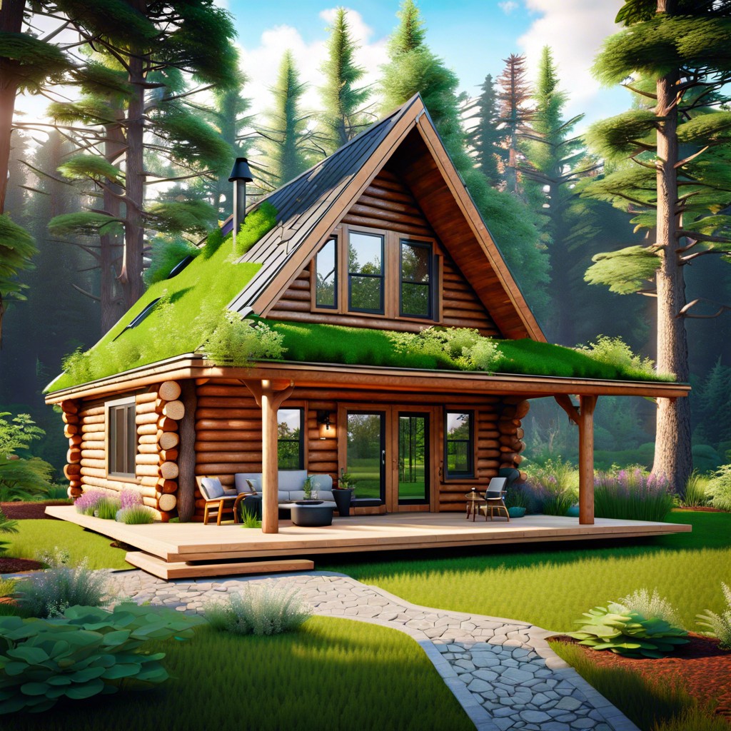 log cabin adu with a green roof for sustainability