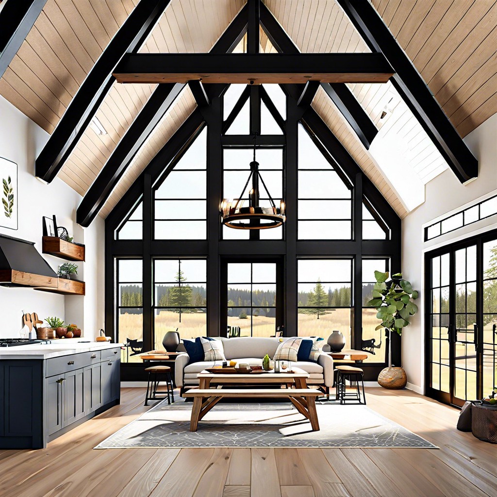 open concept farmhouse adu with high ceilings