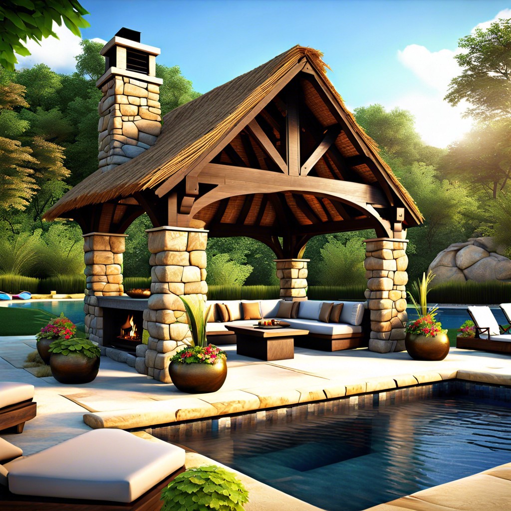 rustic pool cabana with fireplace