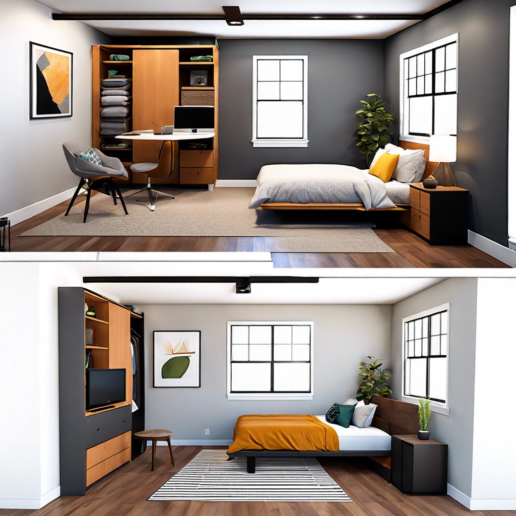 studio adu layout with murphy bed and foldable furniture