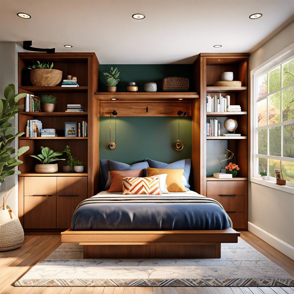 utilize a murphy bed with built in shelving