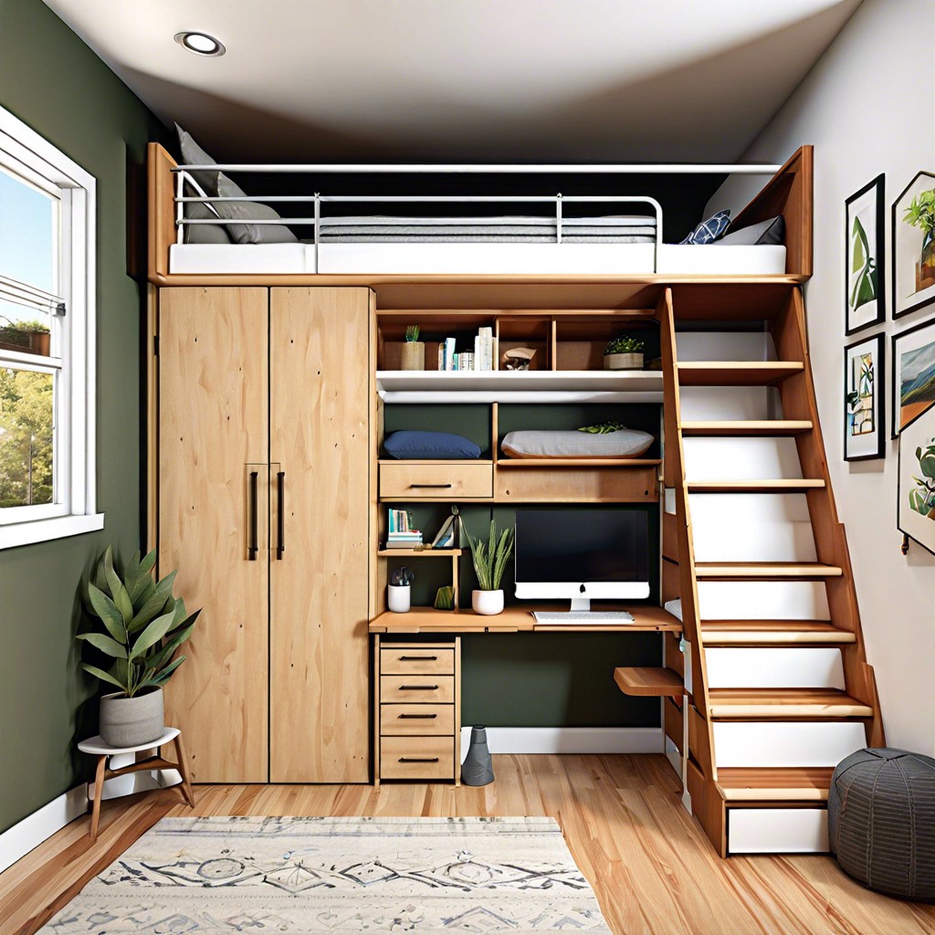 vertical space utilization loft beds and high shelves to maximize the living area