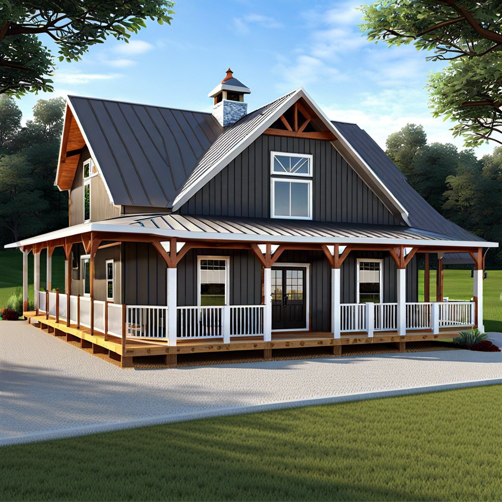 a barndominium house design with a wrap around porch combines the rustic charm of a barn with the