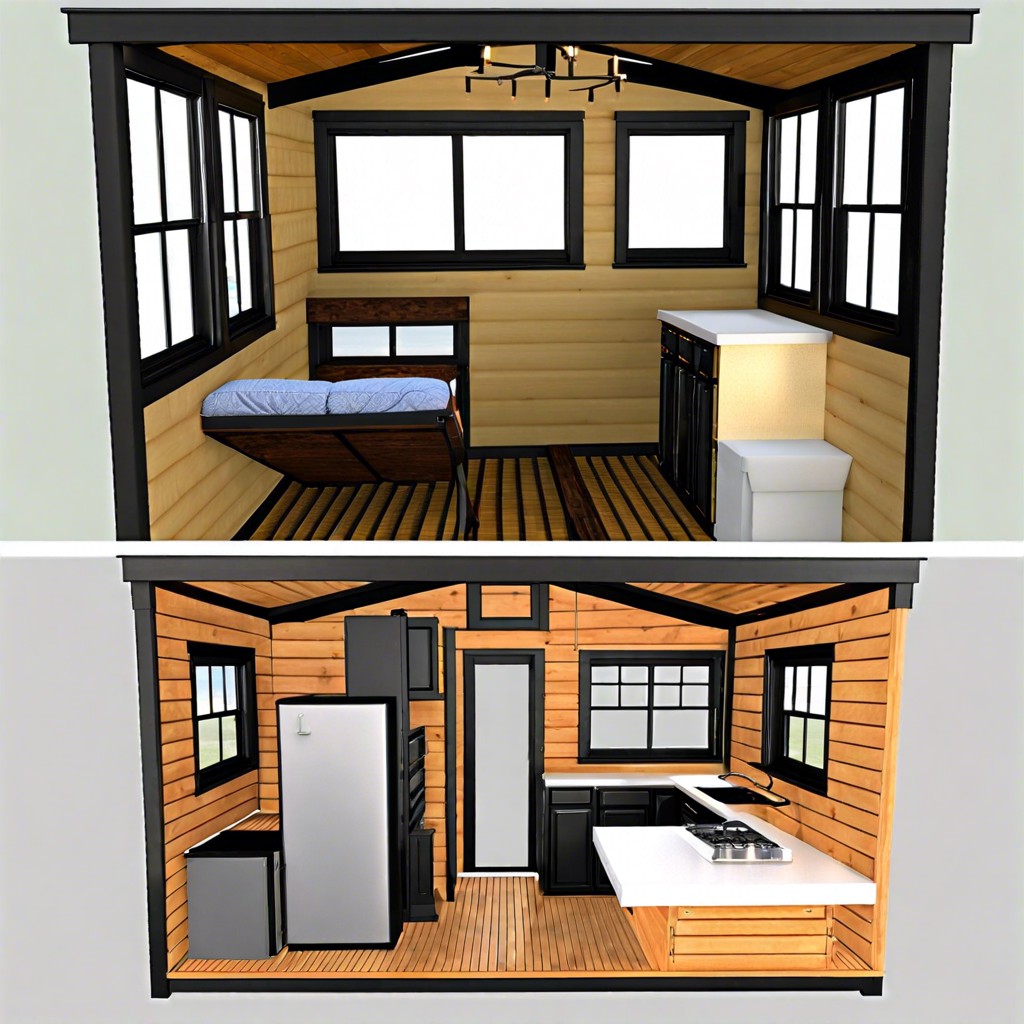 a cozy space efficient 12x32 lofted barn cabin layout designed for tiny living with a versatile