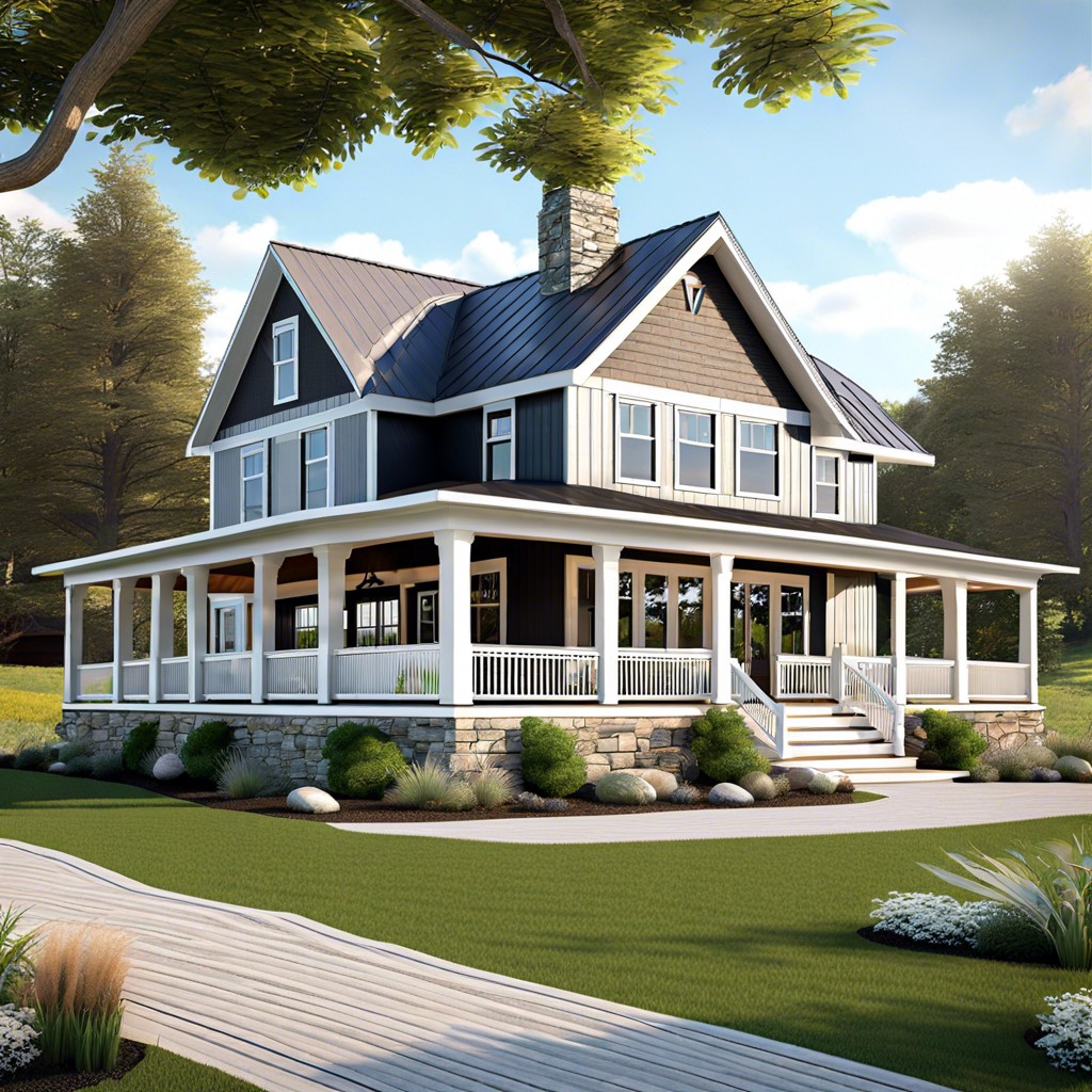 a farmhouse design with a wrap around porch features a country style home enveloped by a continuous