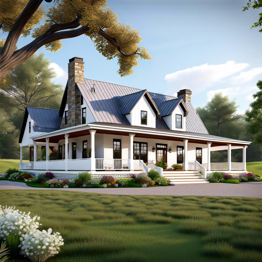 a farmhouse house design with a wrap around porch is a spacious rustic style home featuring an