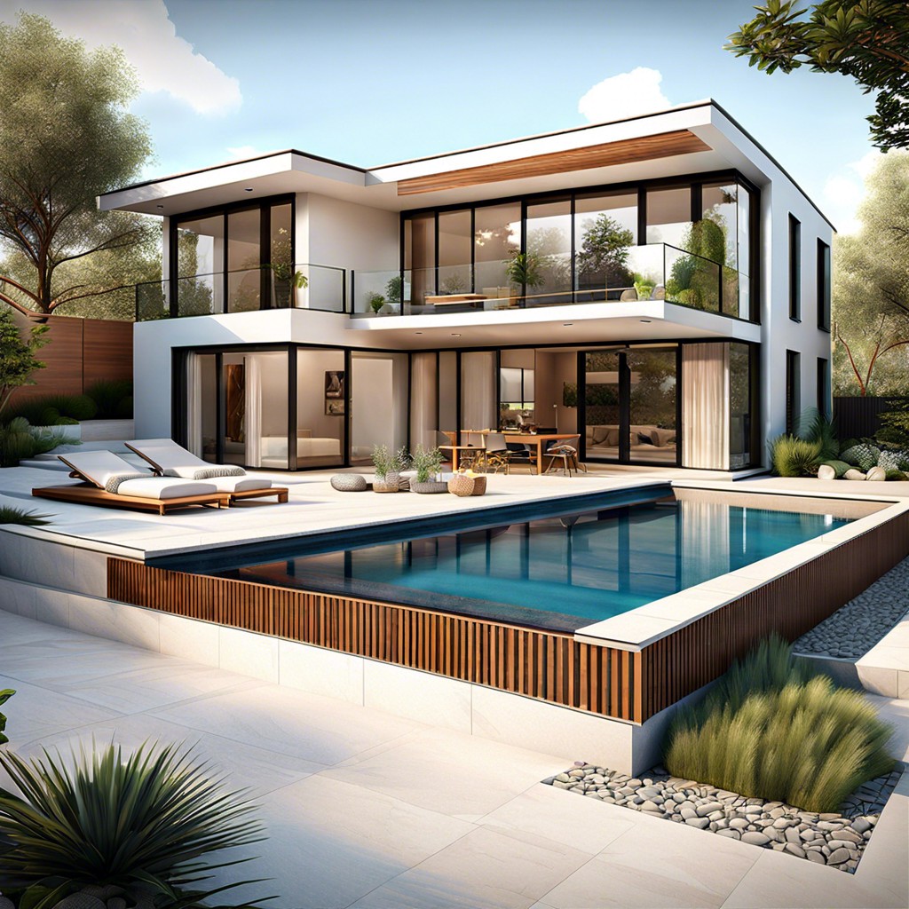 a house design with a pool in the middle features a central swimming pool surrounded by living