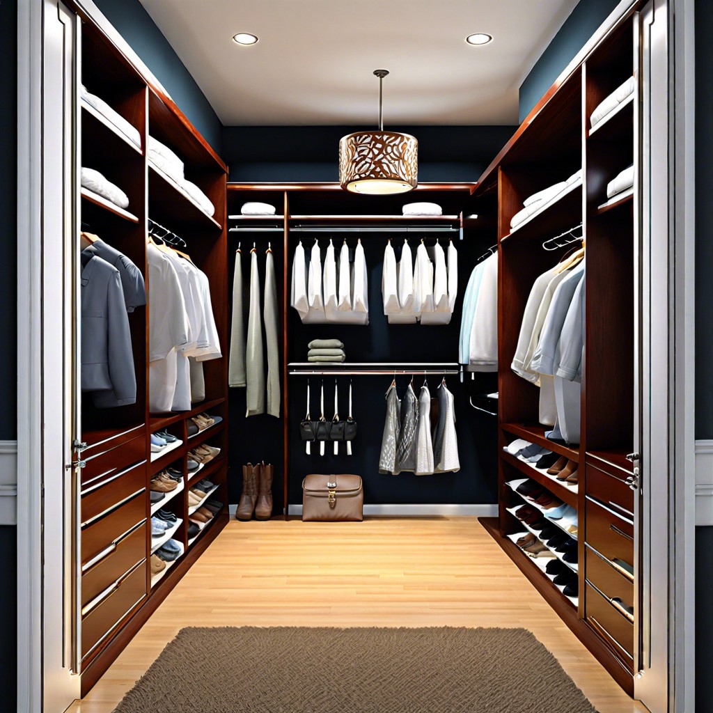 a house design with his and her closets provides separate custom storage spaces for each partner