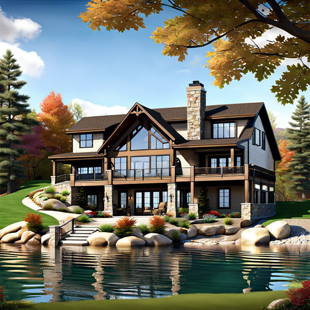 a lake house design with a walkout basement features a home built on a slope allowing direct access
