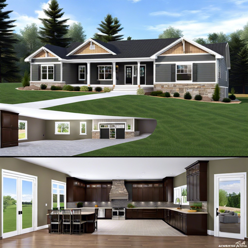 a one story house design with a walkout basement features a single main floor level along with a