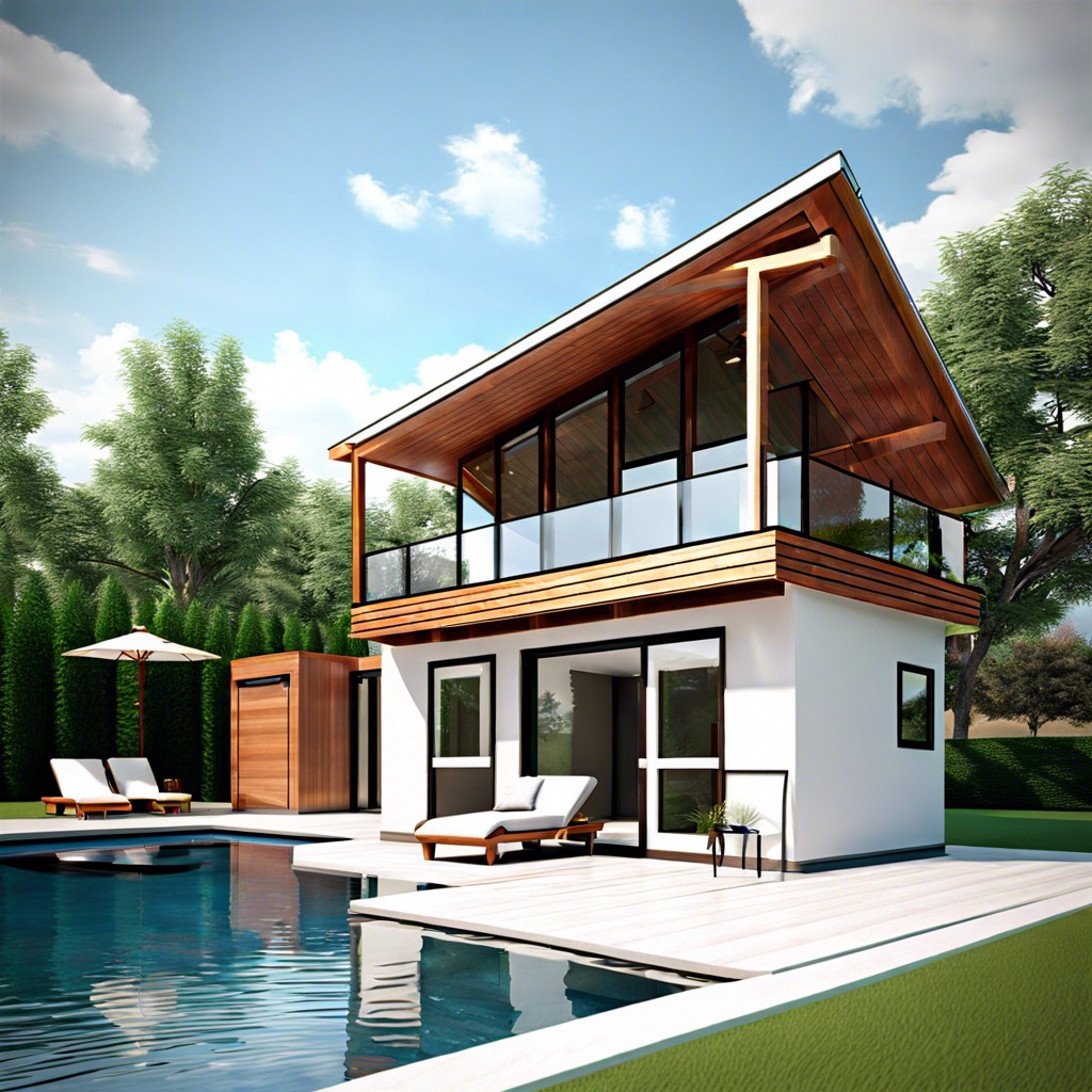a simple pool house design with living quarters combines a cozy living area with convenient access