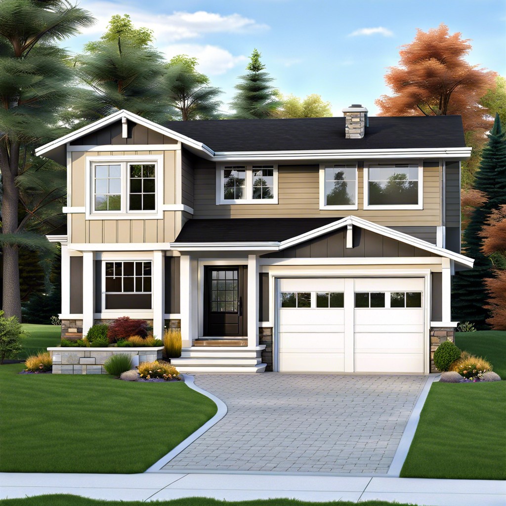 a split level house design with an attached garage features staggered floor levels and an integrated