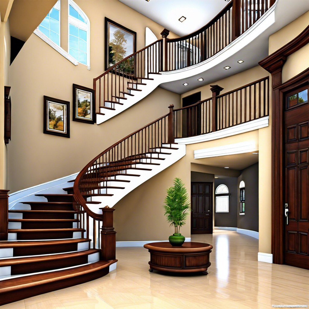 a two story double staircase foyer house design features a grand entrance area with two staircases