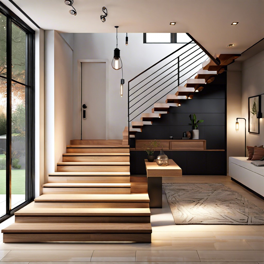 concrete stairs with built in storage underneath