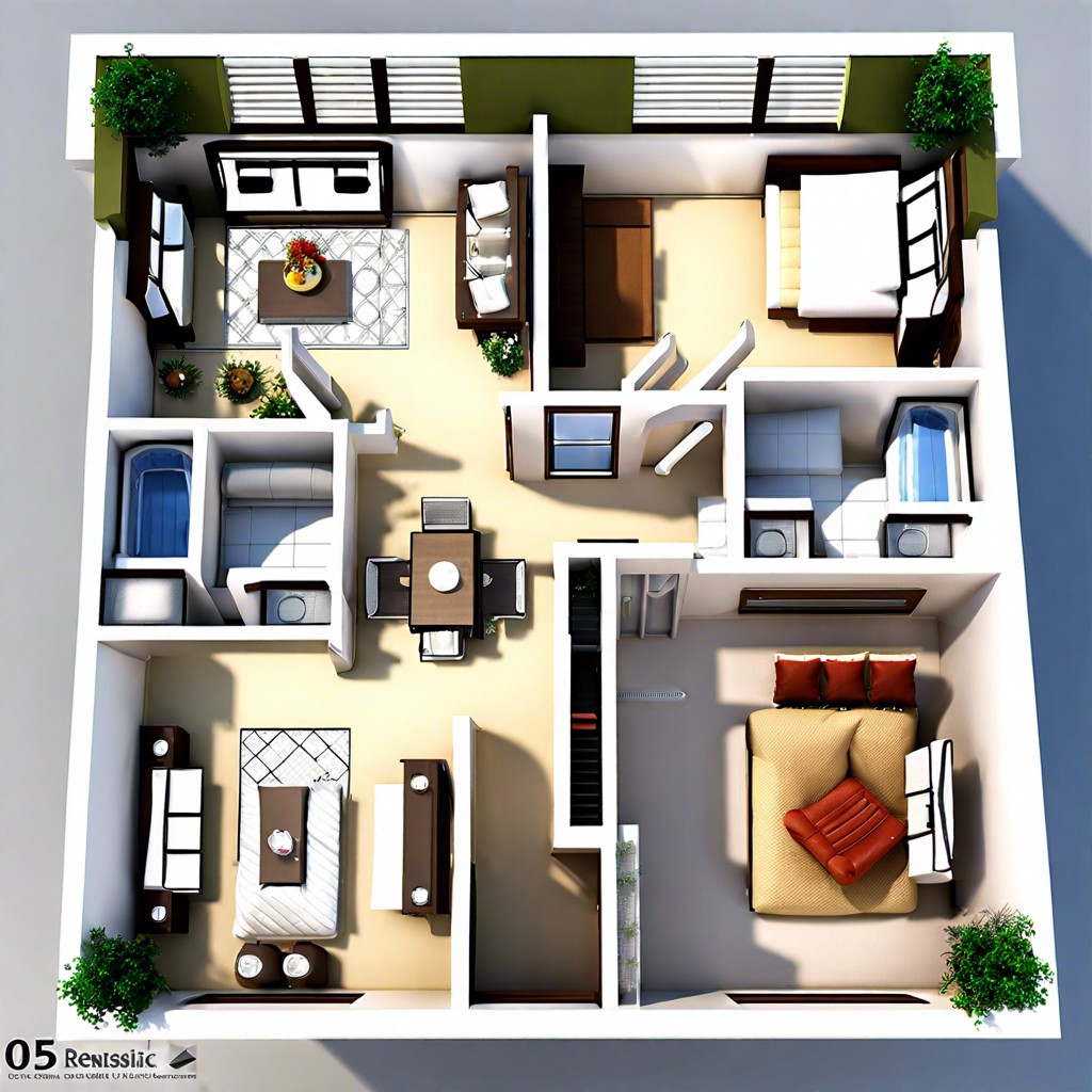 its a 3d design of a family house featuring three bedrooms