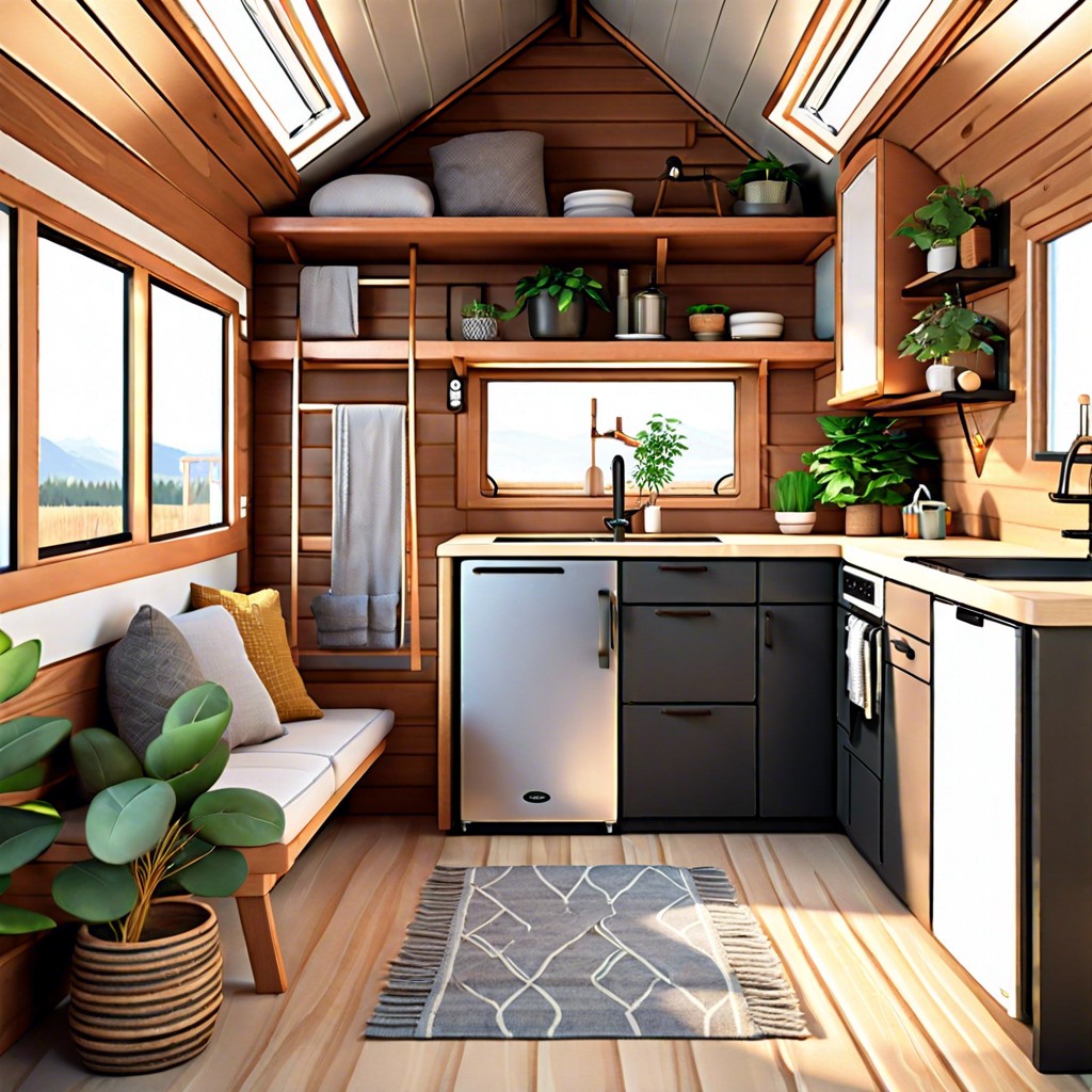 lofted bedroom over a compact kitchen