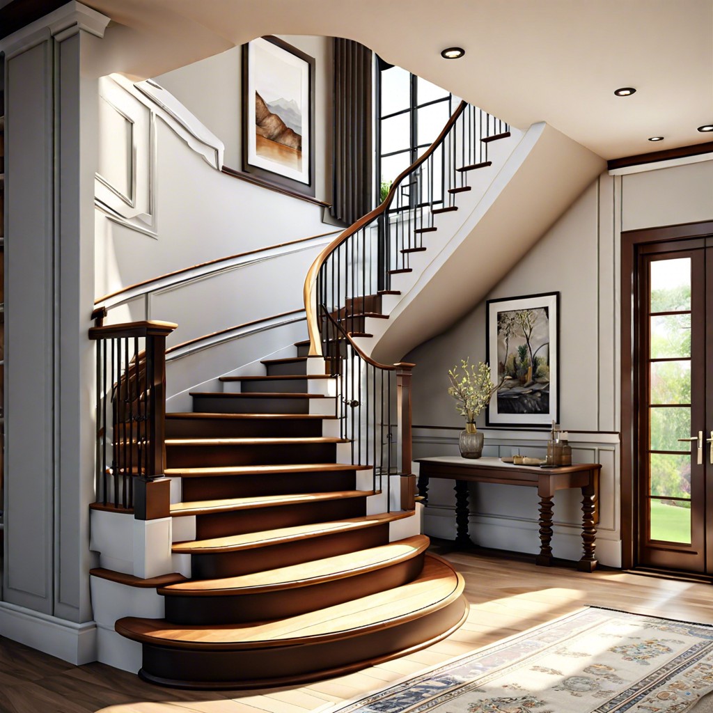 rustic wooden staircase with wrought iron spindles