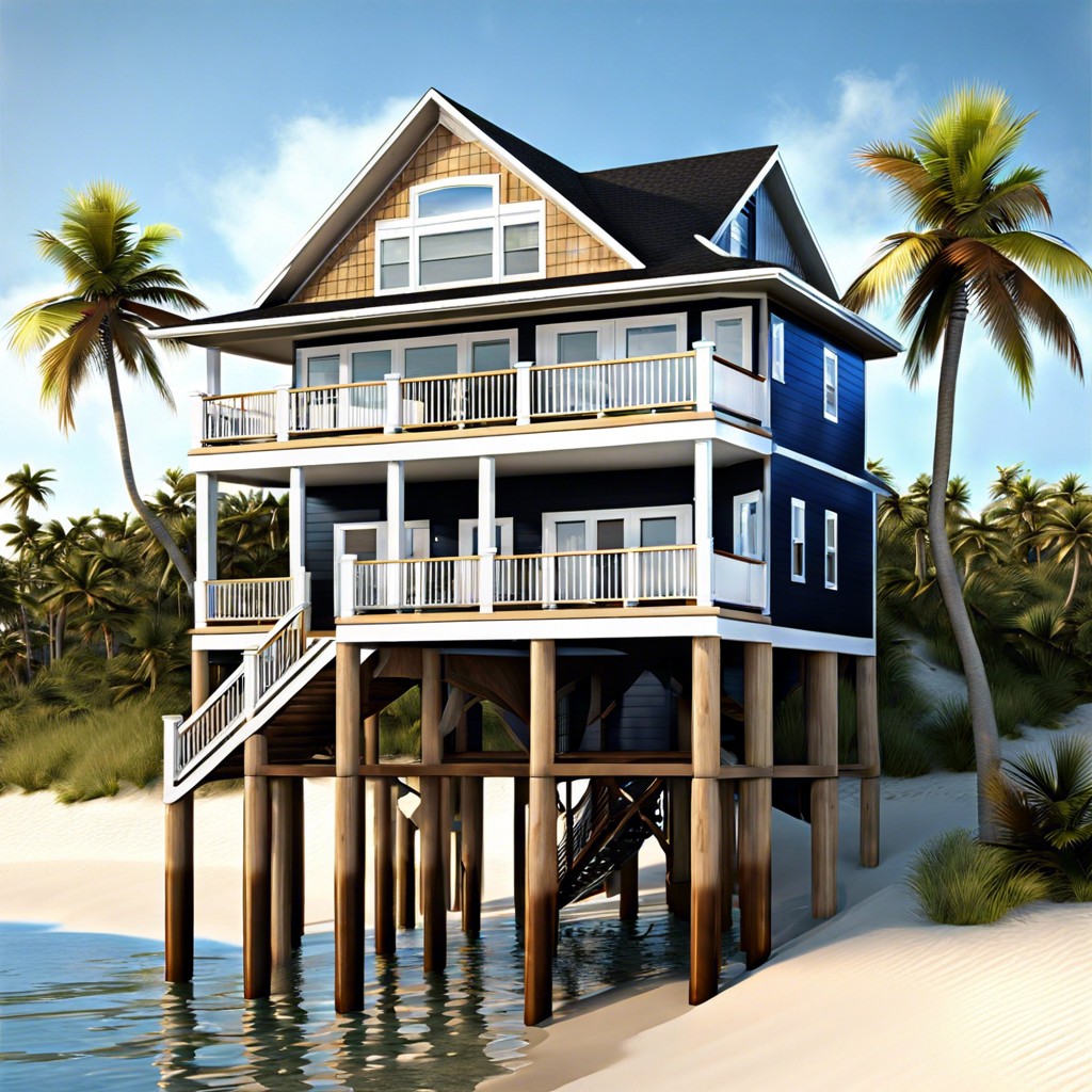 this beach house design features a raised structure on pilings with an elevator tailor made for