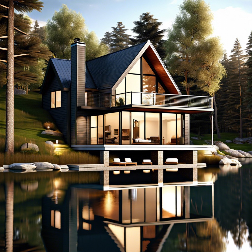this design outlines a cozy lake house optimized to provide splendid views of the lake from the
