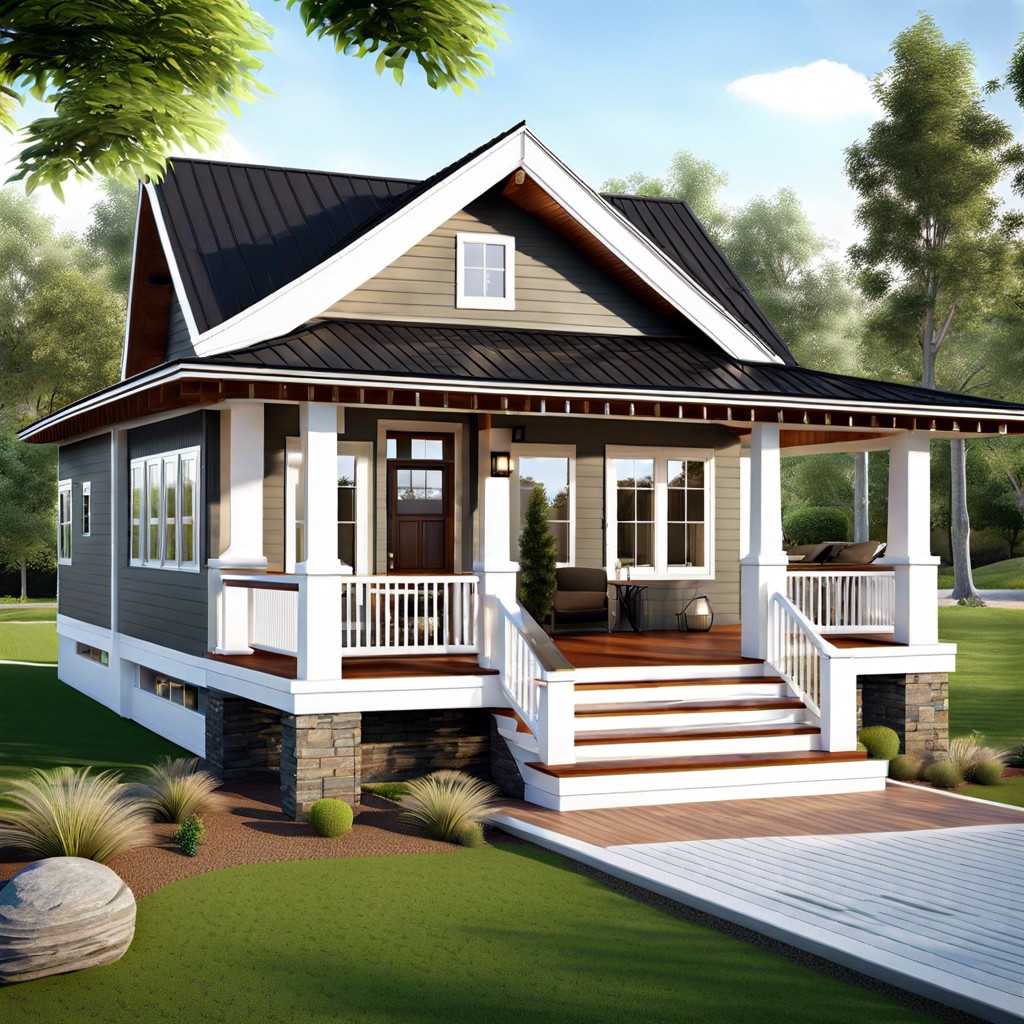 this house design features a single story layout with a wrap around porch providing a continuous