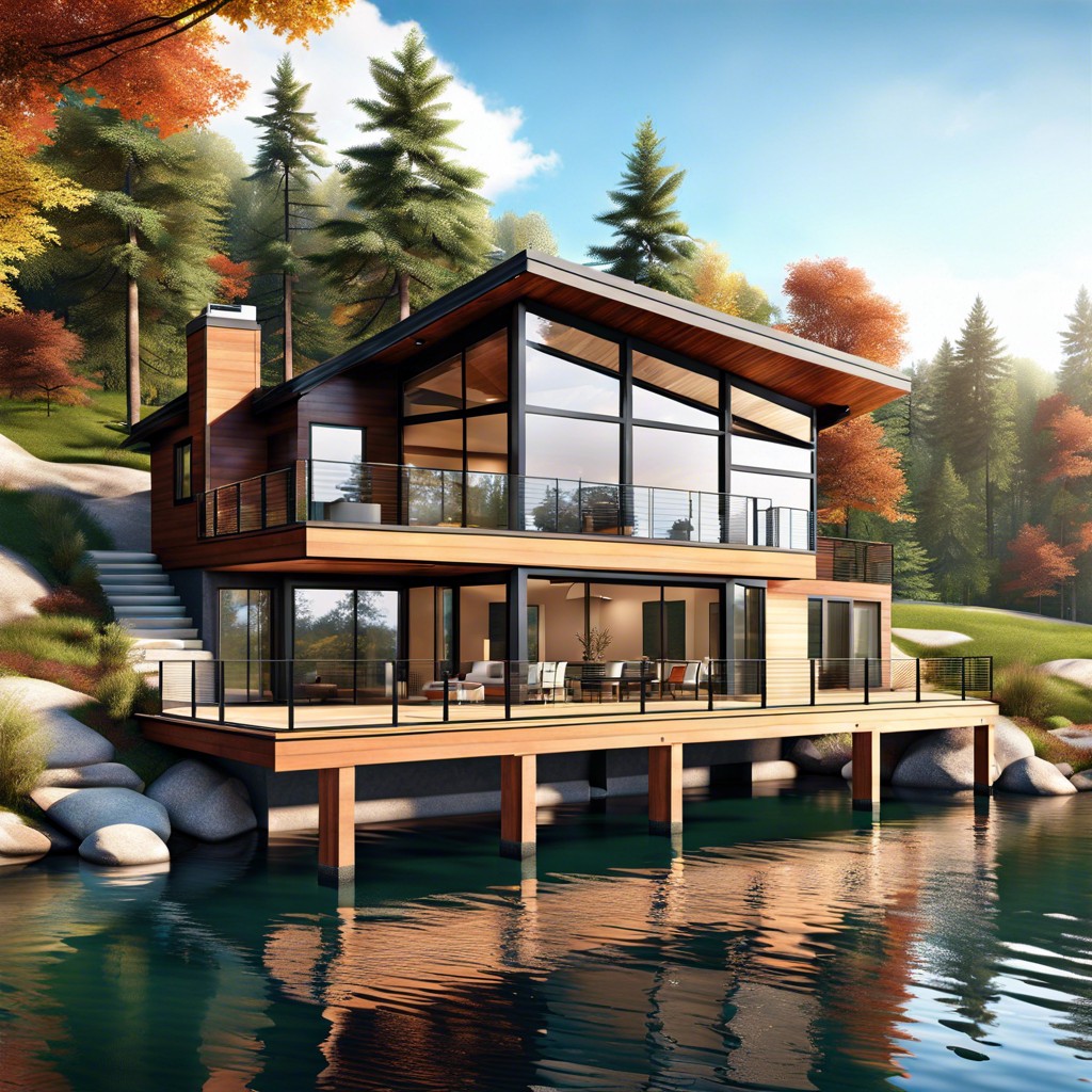 this lake house design features an abundance of windows maximizing natural light and scenic views
