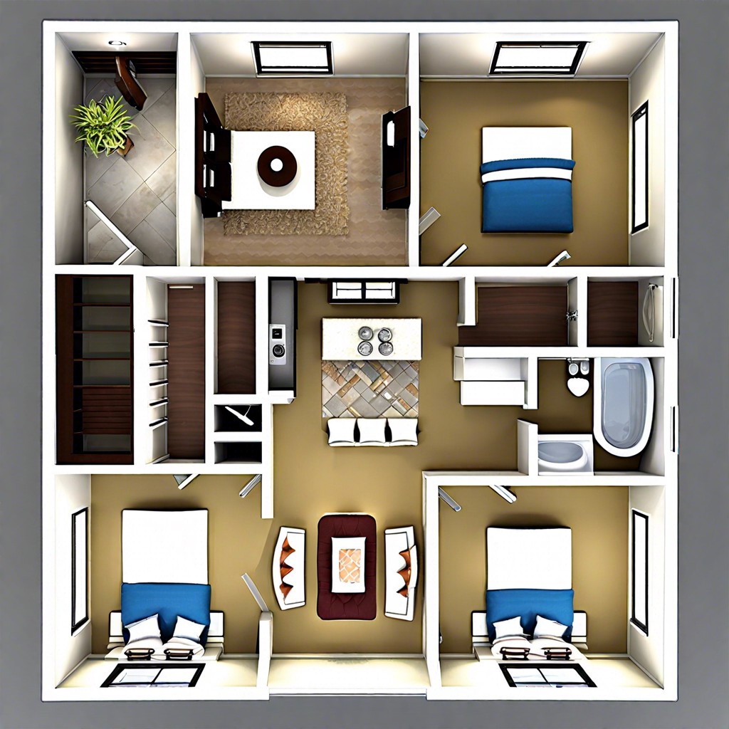 this layout describes a compact and efficient 4 bedroom house design that fits within a 2000 square