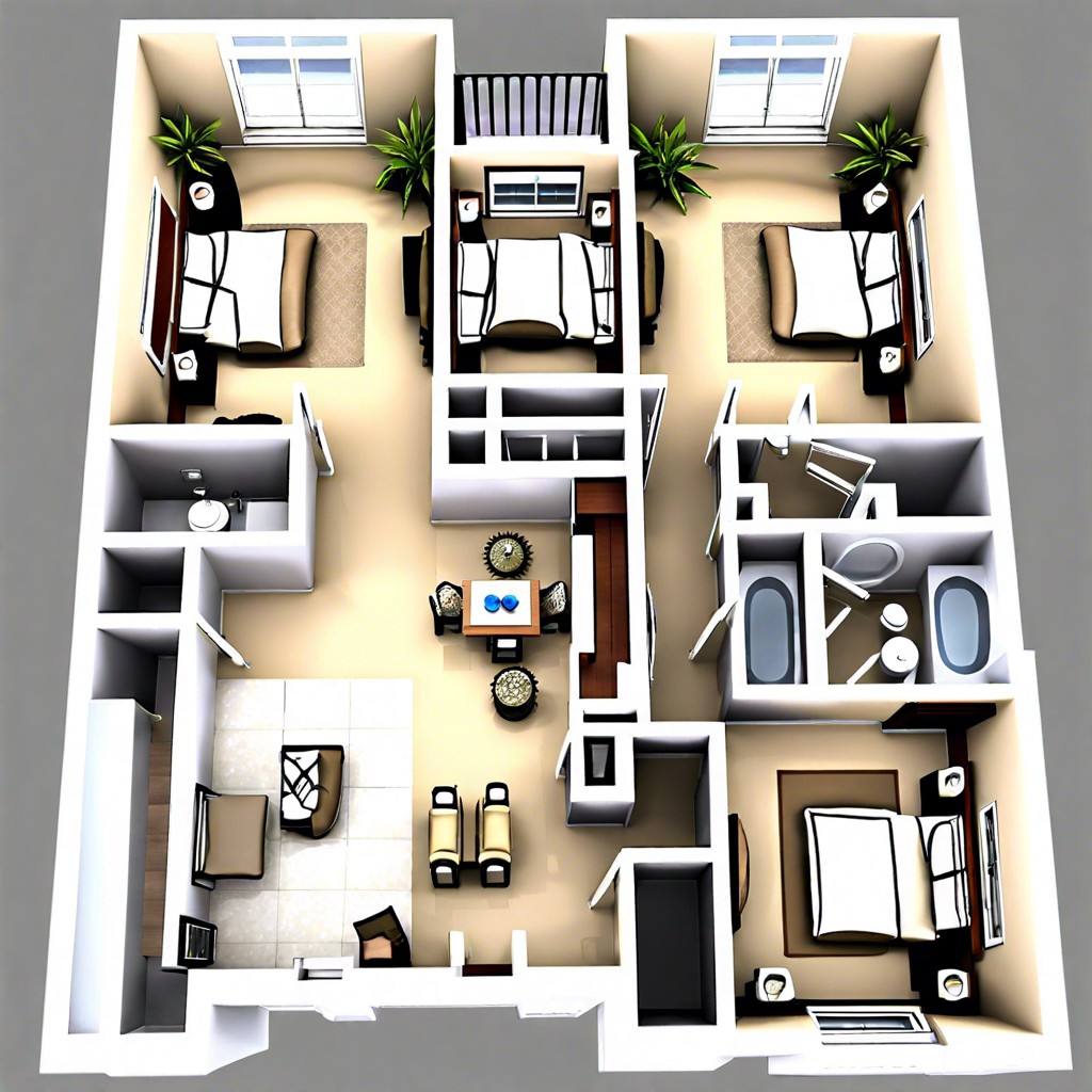 this layout design features an open floor plan for a house with two bedrooms and two bathrooms
