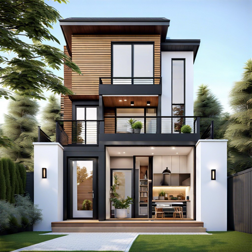 this layout design for a narrow lot house maximizes space while focusing on scenic views from the