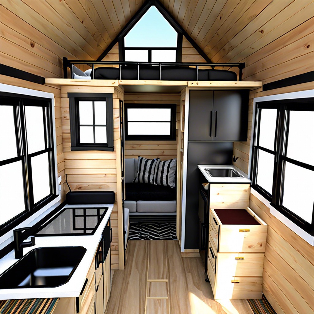 this layout design illustrates the floor plan of a 20 foot tiny house on wheels optimizing space