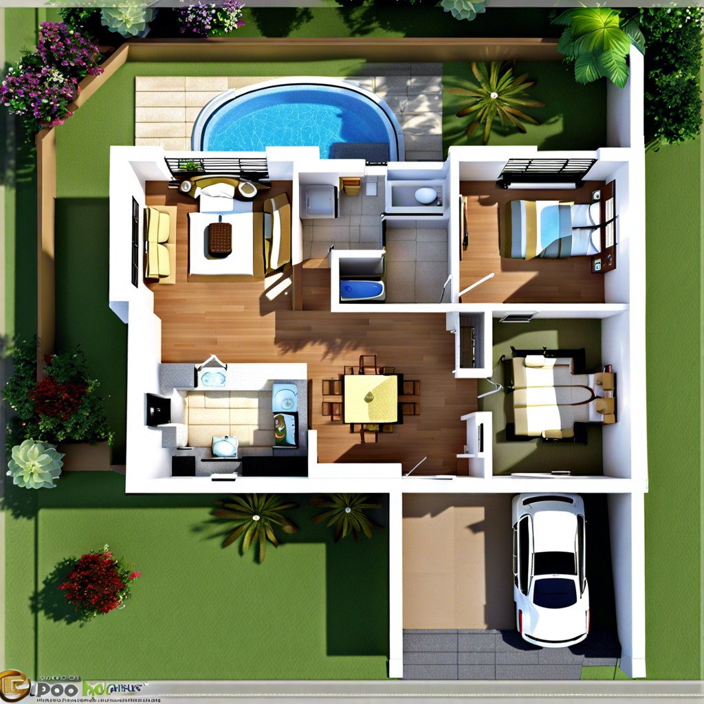 this layout design outlines a compact 1200 square foot house featuring three bedrooms and two