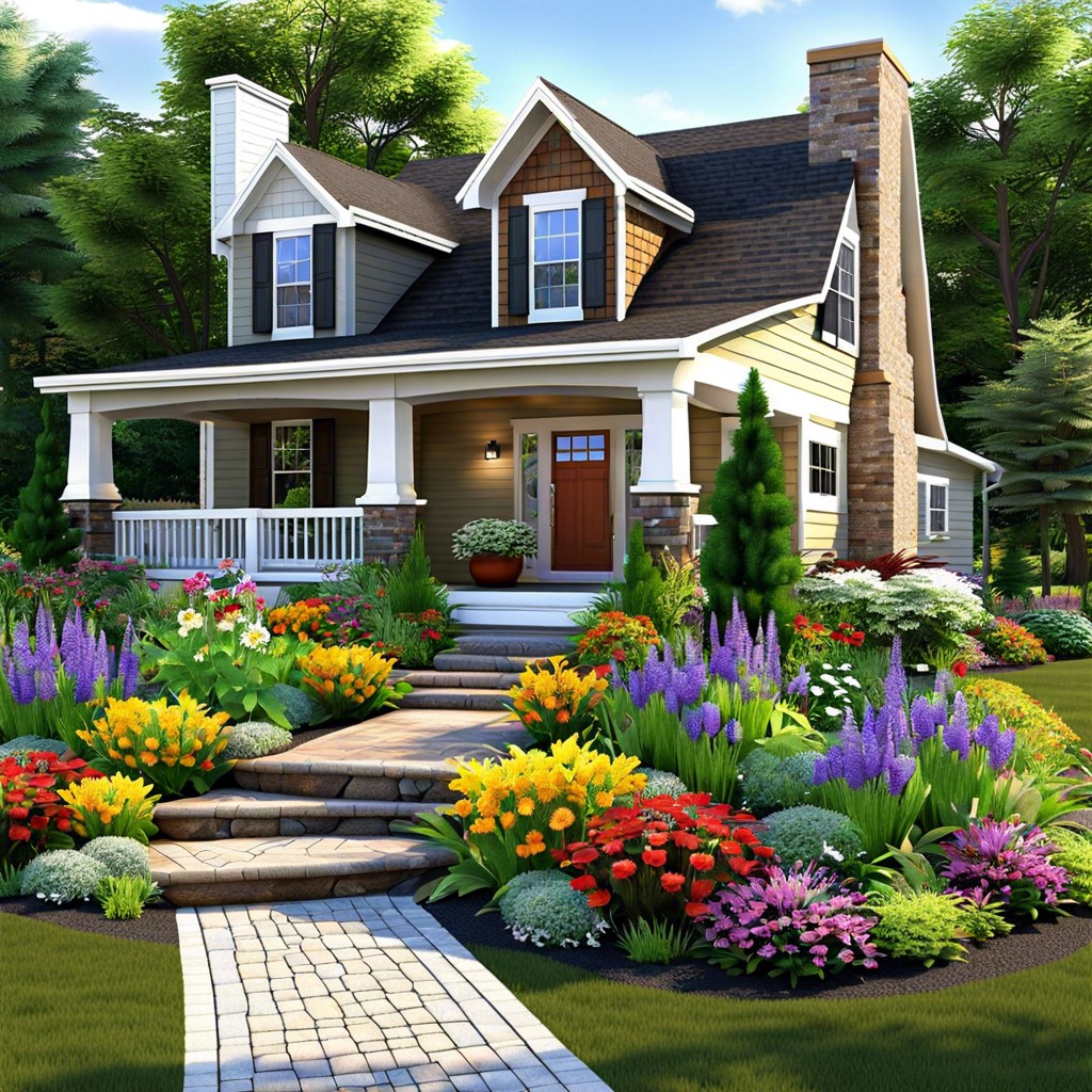 this layout design outlines plans for a front house garden featuring perennials that bloom