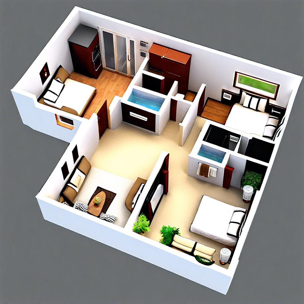 this layout details a compact 800 square foot house featuring three bedrooms optimized for