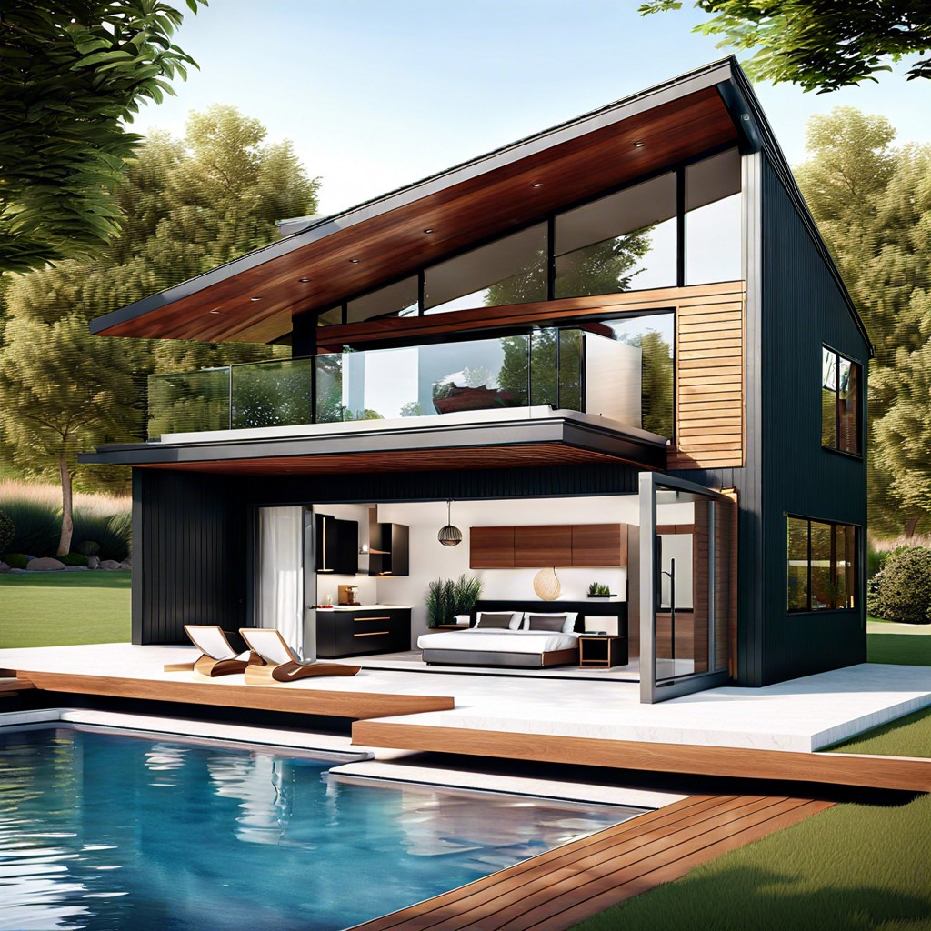 this layout features a compact pool house design that includes a bedroom and a kitchen efficiently