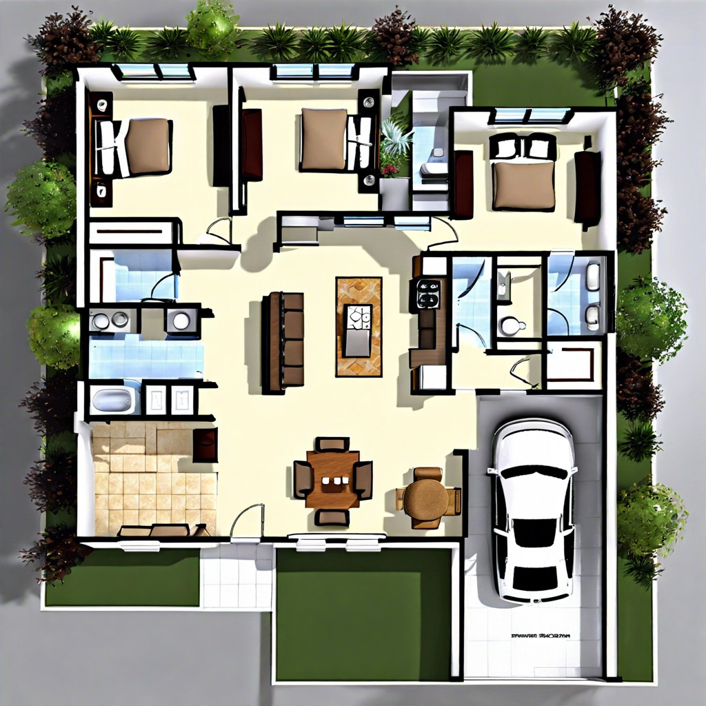this layout features a single story house with three bedrooms two bathrooms designed for