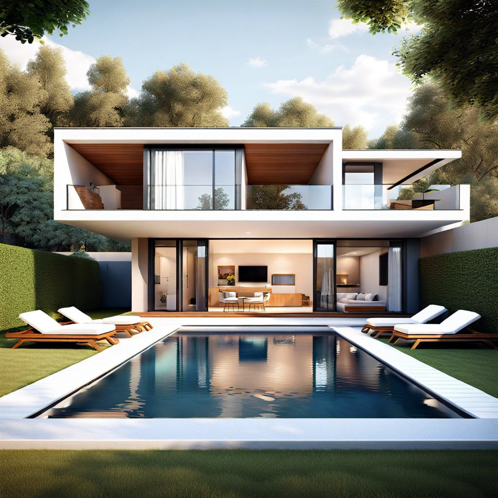this layout features a u shaped house design that encloses a central swimming pool creating an