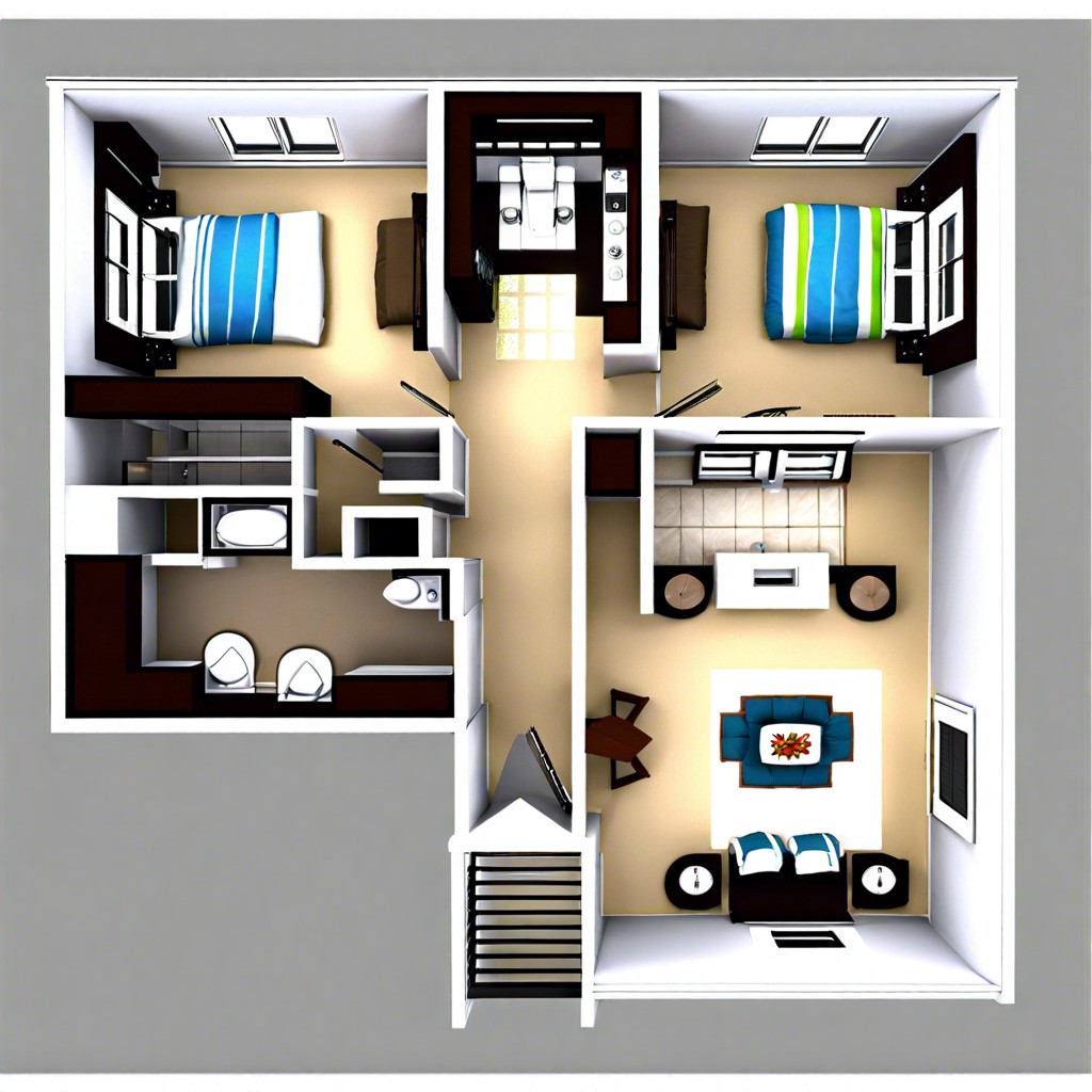 this layout illustrates a cozy efficiently designed two bedroom two bathroom house under 1500