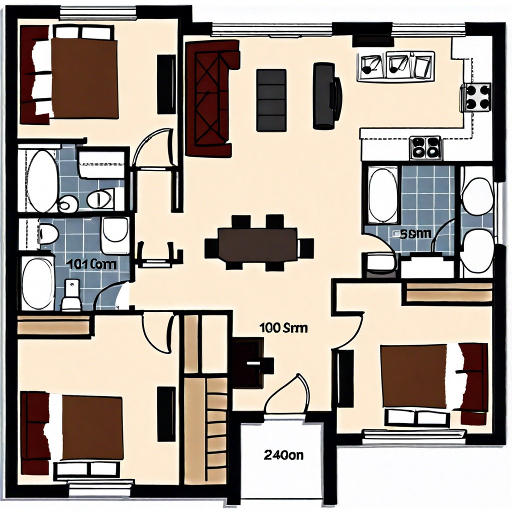 this layout is a 1200 sq ft open concept design featuring two bedrooms blending shared spaces