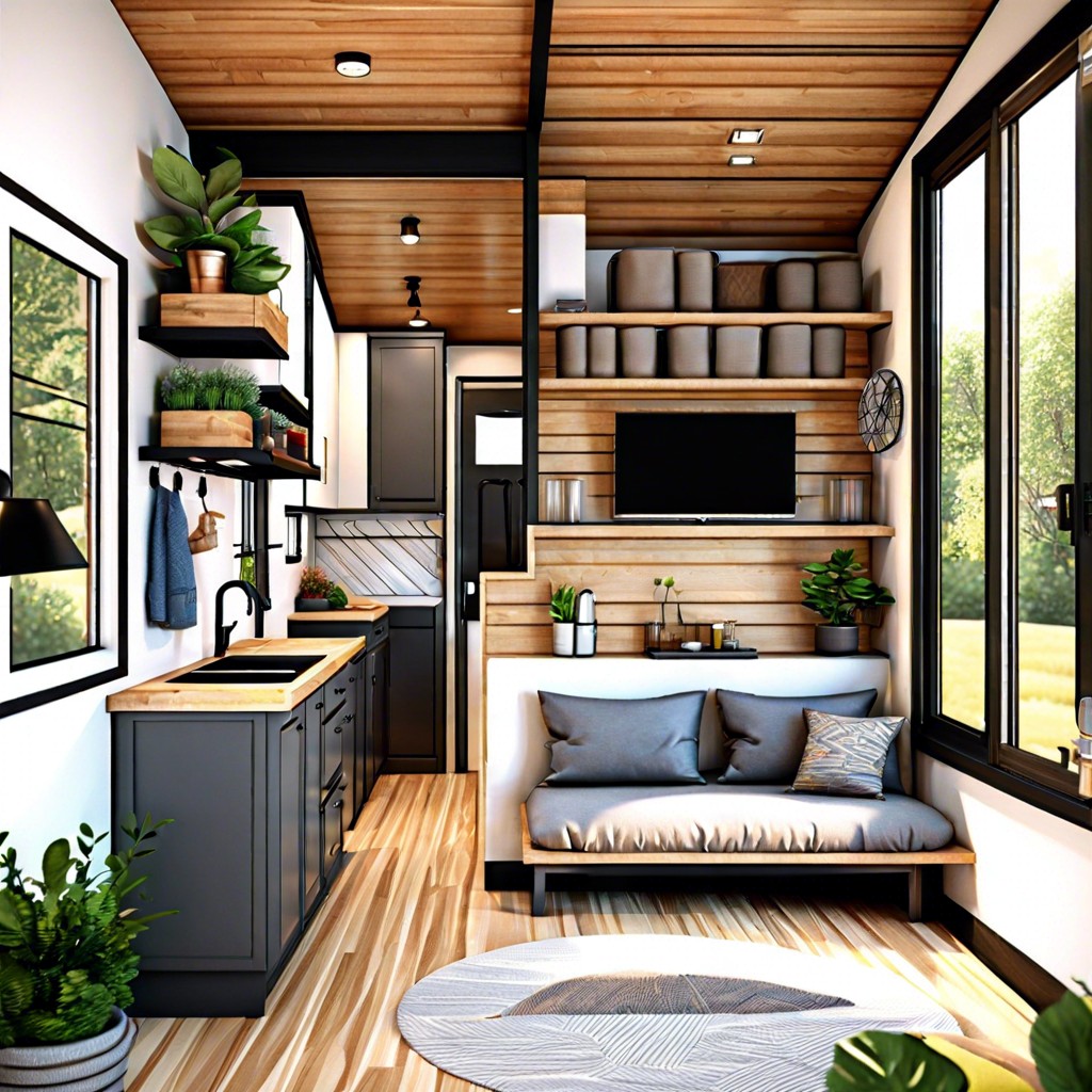 this layout is an open floor plan for a tiny house featuring two bedrooms designed to maximize