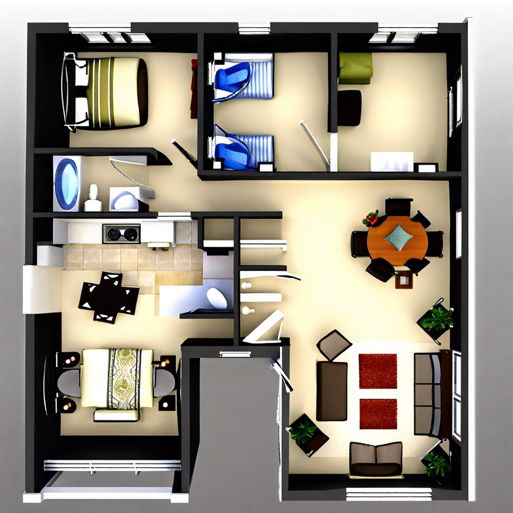 this layout presents a compact yet efficiently designed 2 bedroom 2 bathroom house under 1000