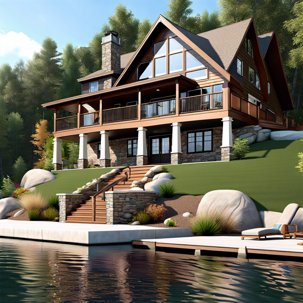 this sloped lot lake house design features a walkout basement optimizing lakeside views and