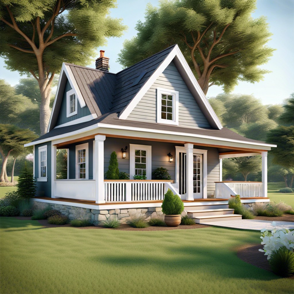 this small house design features a charming wrap around porch that encircles the compact