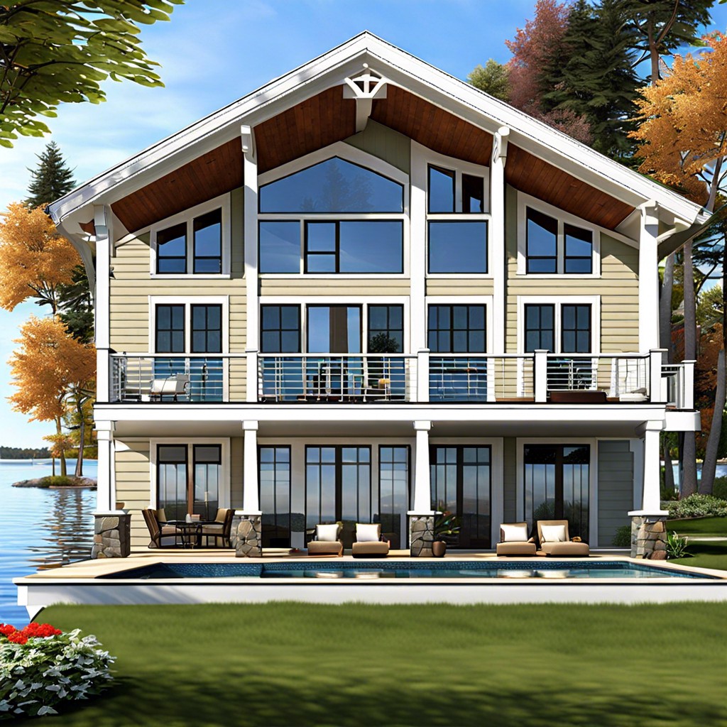 this waterfront house design focuses on maximizing views with an abundance of windows blending