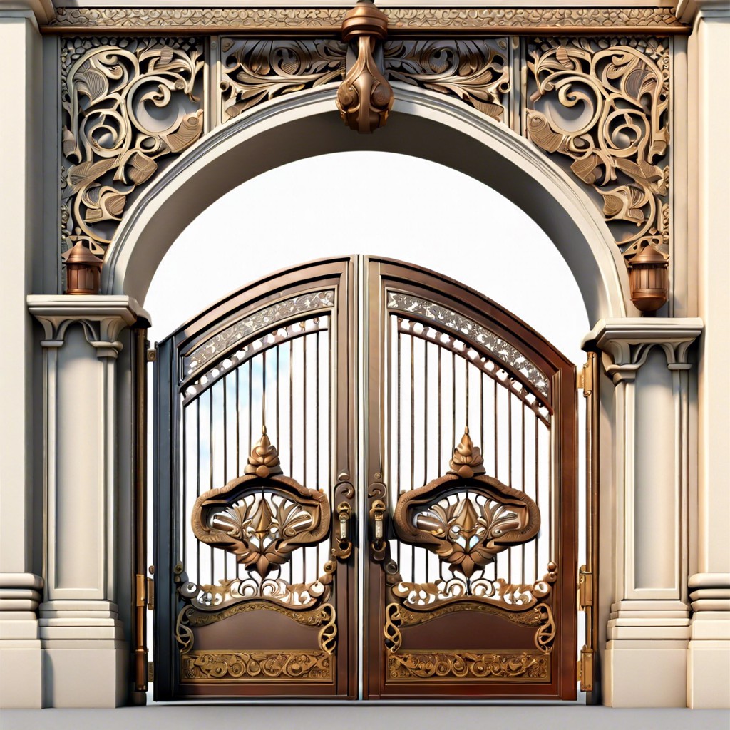 vintage arch top gate with scrolling ironwork